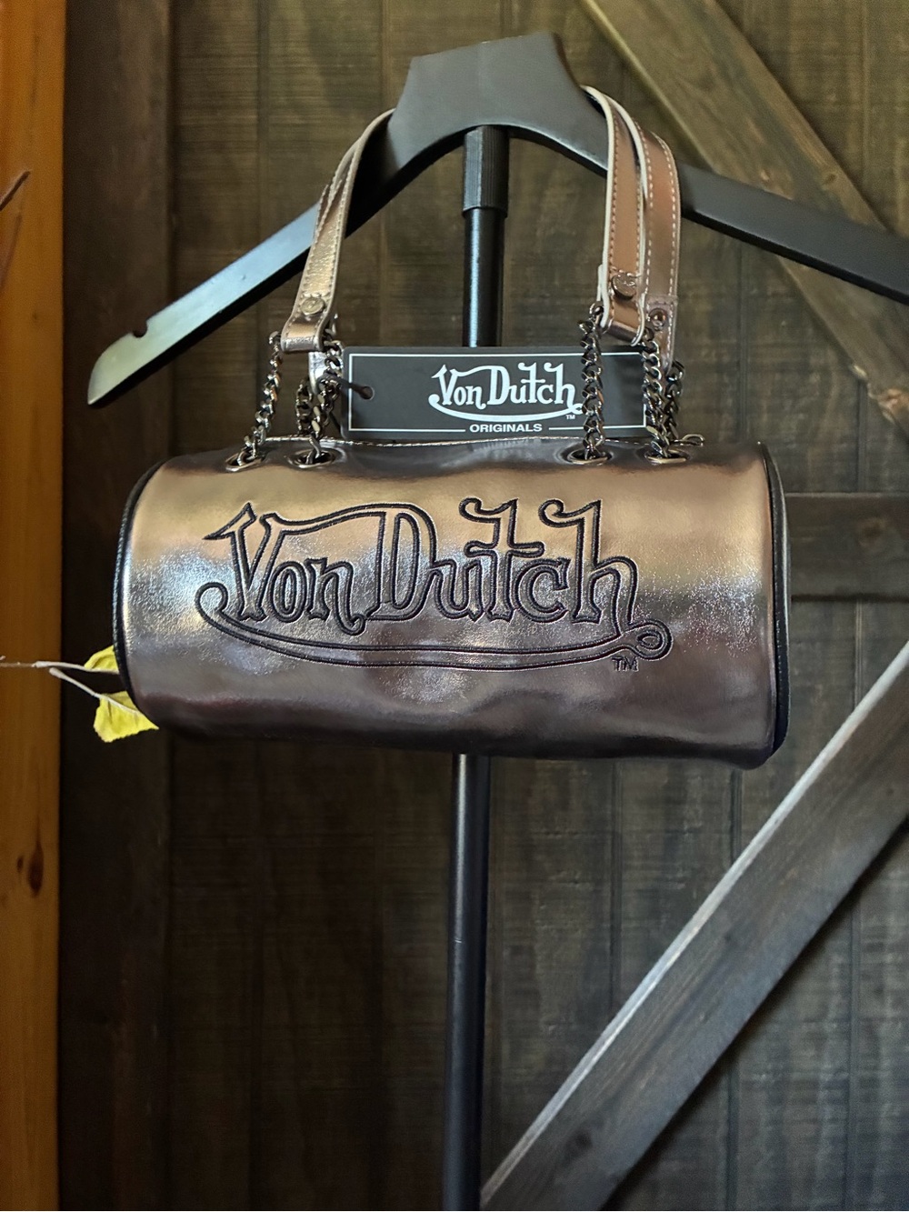 Von Dutch Metallic Bronze Barrel Mini Shoulder Bag